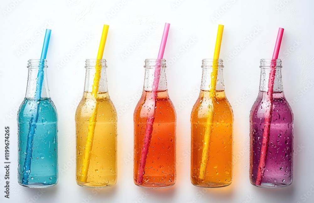 Aufkleber colorful assortment of refreshing beverages in transparent bottles with straws against a plain backg