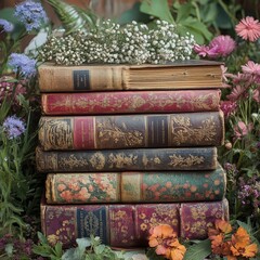 A close-up of vintage books stacked with wildflowers on top, evoking nostalgia and a love for literature. Ideal for literary-themed content or decoration.