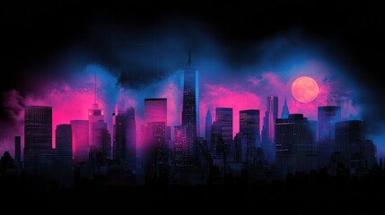 A vibrant city skyline under a colorful night sky, illuminated by pink and blue hues, with a glowing sun and a sense of futuristic ambiance.