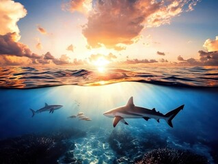Obraz premium Sharks swimming under a colorful sunset sky.