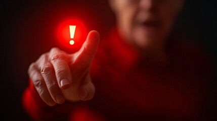 A person is pointing at a red circle with an exclamation point on it. Concept of urgency or warning
