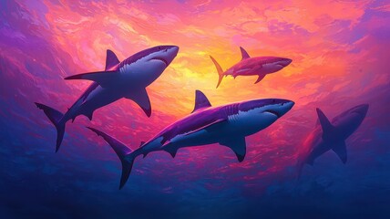 Obraz premium Sharks swimming in vibrant ocean sunset.