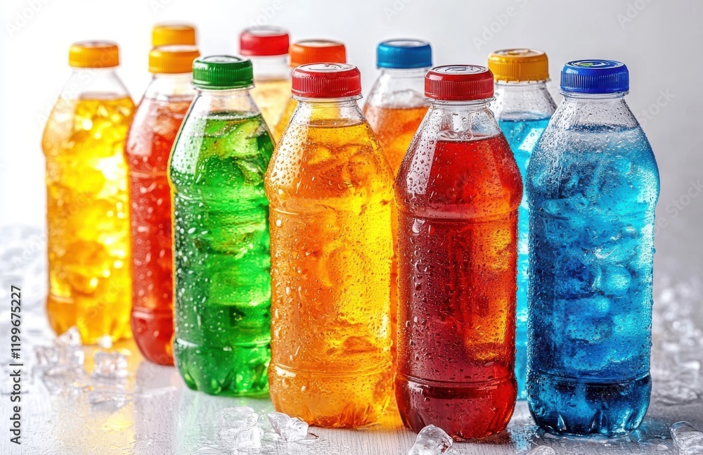 Poster colorful assortment of soft drinks in bottles displayed on ice with refreshing fizz and bubbles for 