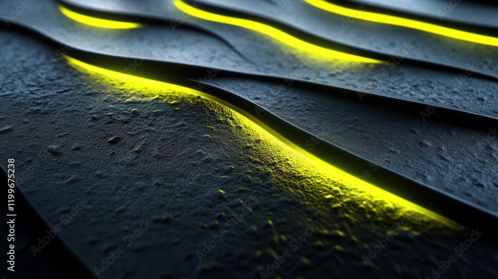 Poster a close-up of textured surfaces with flowing lines illuminated by soft yellow light, creating a dyna