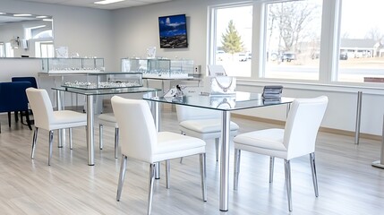 Modern Jewelry Store Interior Design  Glass Tables  White Chairs