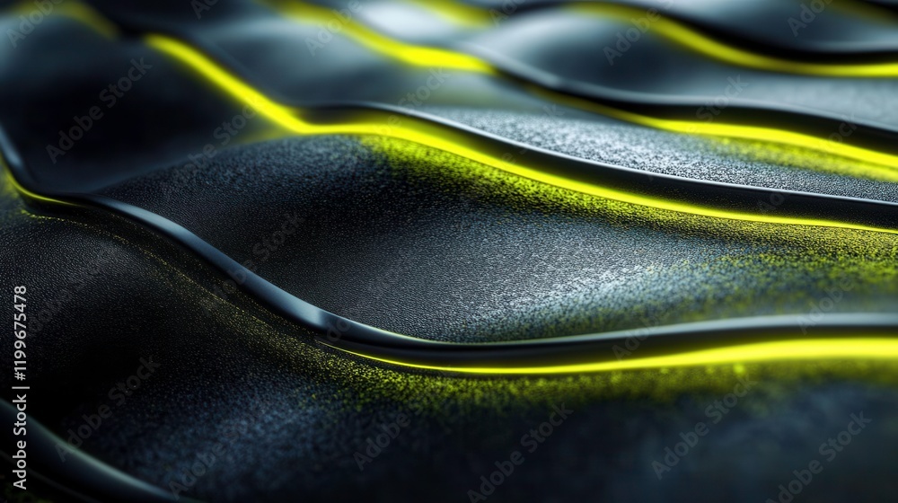 Poster a close-up of wavy, textured surface illuminated by a glowing yellow line, creating a dynamic contra