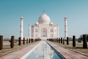 Fototapeta premium The Indian tricolor flag soaring majestically over iconic landmarks like the Taj Mahal, Qutub Minar, and India Gate, symbolizing unity and pride