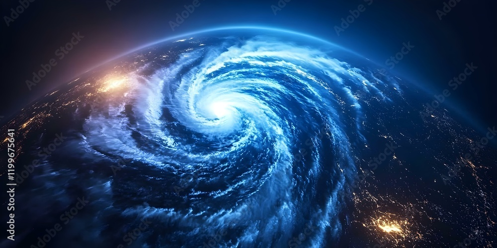 Poster a swirling, dynamic view of earth from space, highlighting storm patterns and illuminated land areas