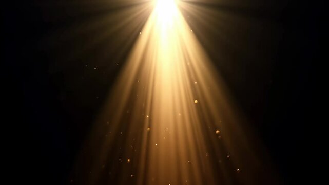 Golden rays on black background. Shiny particles motion. Abstract light concept. For design and presentation, overlay, background.