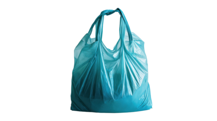 A collection of blue plastic bags filled with various items, symbolizing plastic waste and environmental concerns.