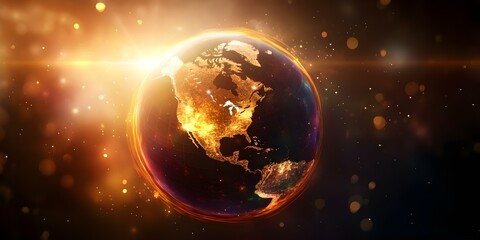 A glowing, digitally rendered Earth with North America illuminated, set against a dark, starry background with light effects. Concept Glowing Earth Render, North America Highlighted