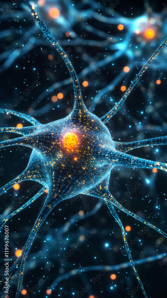 Poster 3d rendering of a neuron transmitting nerve impulses in a dark background with glowing dots