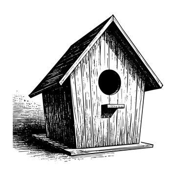 recommend clip art: Birdhouse sketch engraving black and white outline. Scratch board imitation.  illustrated in vintage line art style on a white background.
                    