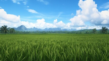 Fototapeta premium Vibrant green rice field under a clear blue sky with distant mountains in the background.