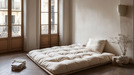 Beige Futon Bed in Minimalist Parisian Apartment Room
