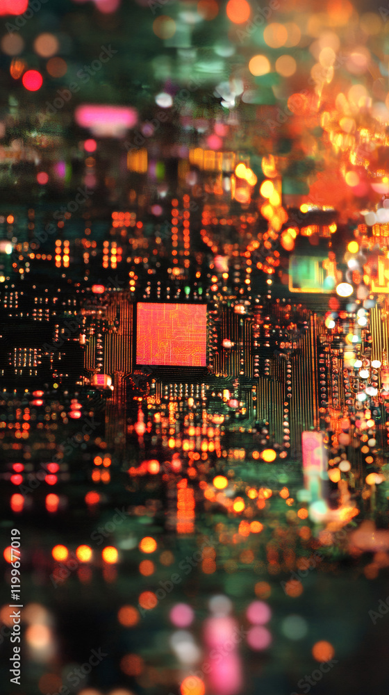 Aufkleber close-up of a processor on a circuit board with colorful bokeh effect, highlighting the intricate de
