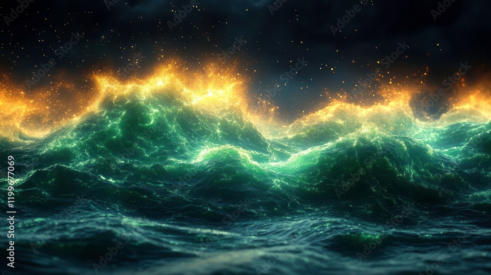 Poster a mesmerizing ocean scene features vivid, fiery waves surging against a dark, starry backdrop, creat