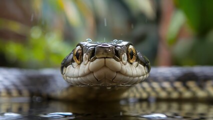 Fototapeta premium Close-up of a snake's head near water rain droplets visible Intense gaze and detailed scales are prominent