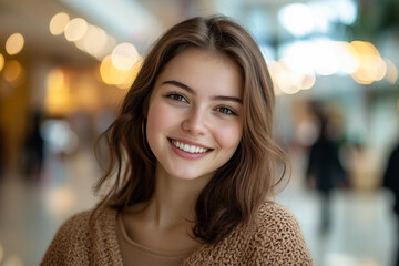 Obraz premium Smiling Person Enjoying a Shopping Day at a Busy Mall During Sale Season, Generative AI