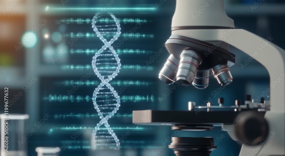 Aufkleber advanced microscope with dna helix visualization in laboratory setting for scientific research
