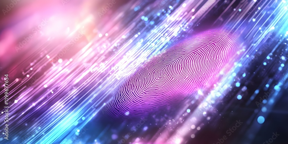 Poster a colorful digital representation of a fingerprint with abstract light effects in the background. co
