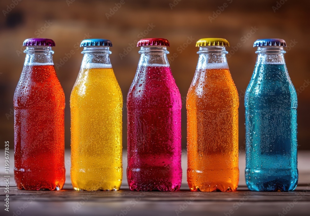 Poster colorful bottles of refreshing soft drinks displayed on a wooden surface, showcasing bubbles and vib