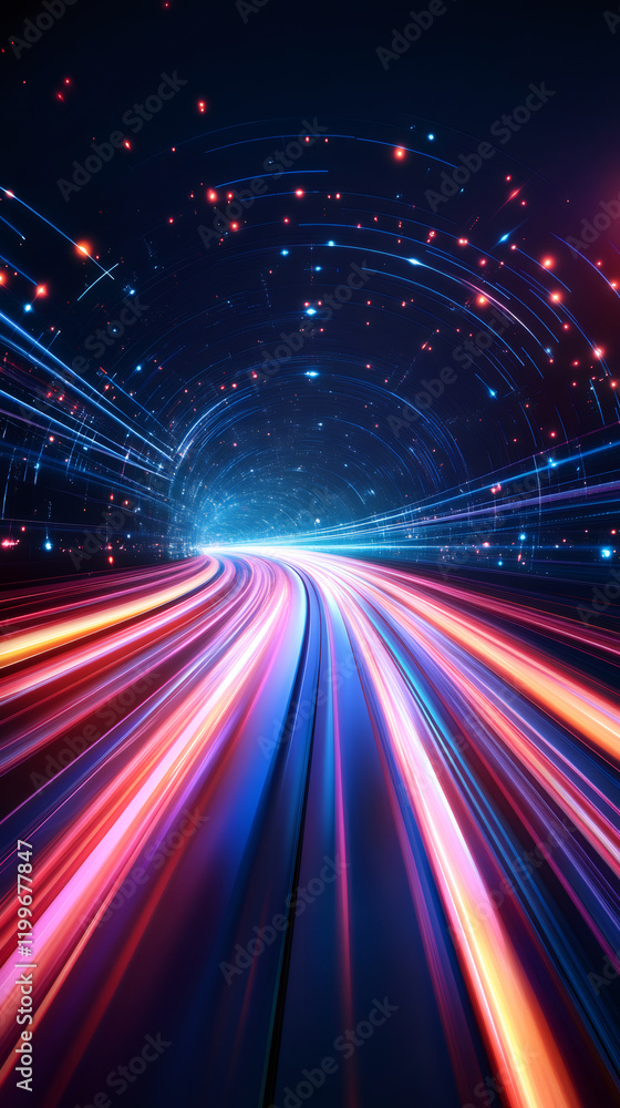 Aufkleber Light trails creating speed motion blur effect inside a digital data tunnel, suggesting rapid acceleration into the future