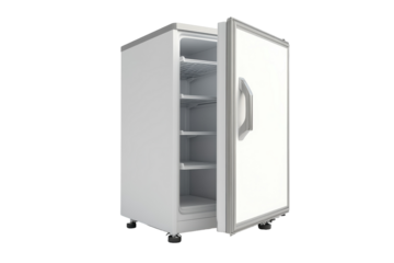 Compact refrigerator design showcasing spacious interior with multiple shelves and open door isolated on transparent background