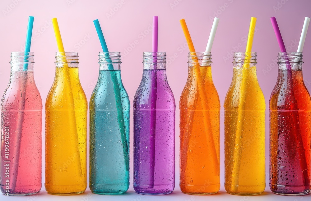 Poster colorful bottles of sparkling beverages on a gradient pink background with straws for a refreshing a