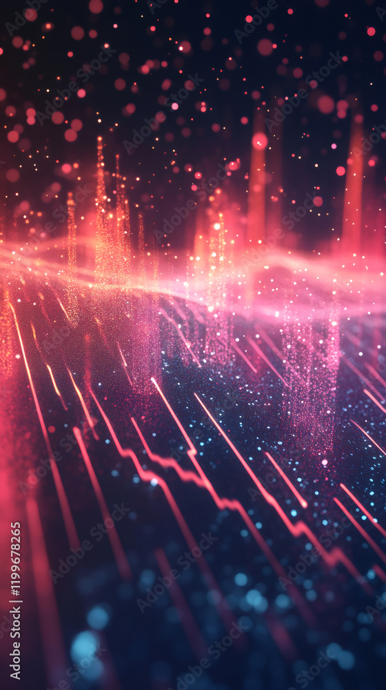 Aufkleber Luminous particles are forming wavy lines and creating a futuristic atmosphere with a gradient from red to blue