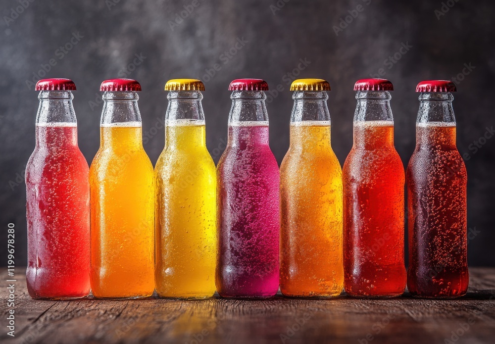 Poster colorful bottles of sparkling beverages arranged in a row on a rustic wooden surface with bubbles an