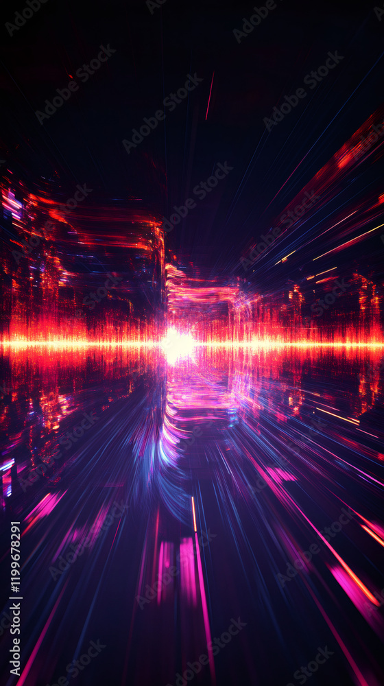 Poster Digital artwork showing luminous light streaks swirling through deep darkness, generating dynamic visual motion and dimensional perspective