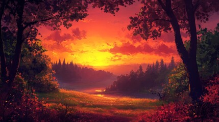 Obraz premium Vibrant Sunset Over a Forest and Stream