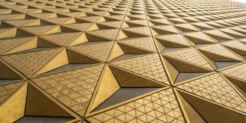 Obraz premium An abstract pattern of interlocking golden triangles creates a sense of depth and visual interest, mesmerizing visuals, 3D effect, artistic expression, golden twinkle background, mind-bending effects