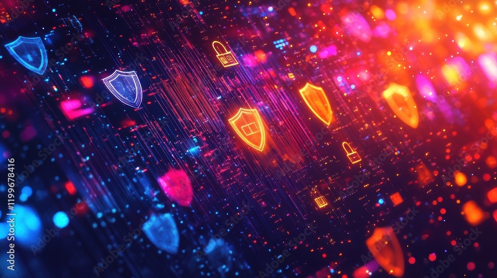 Poster a vibrant interface featuring a variety of security icons including shields and padlocks all on a da