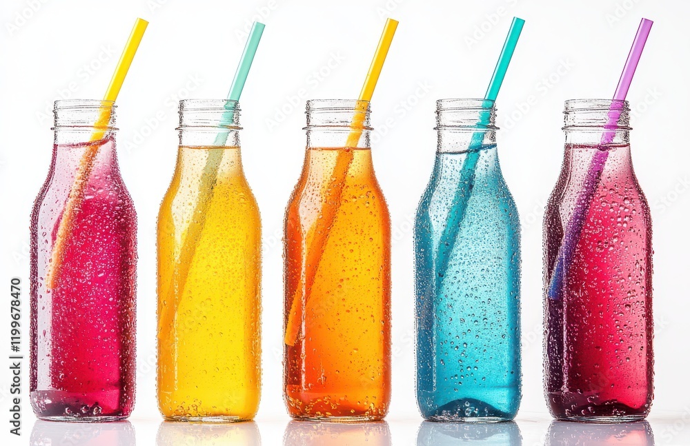 Poster colorful bottles of sparkling soft drinks with straws displayed in a row against a bright background
