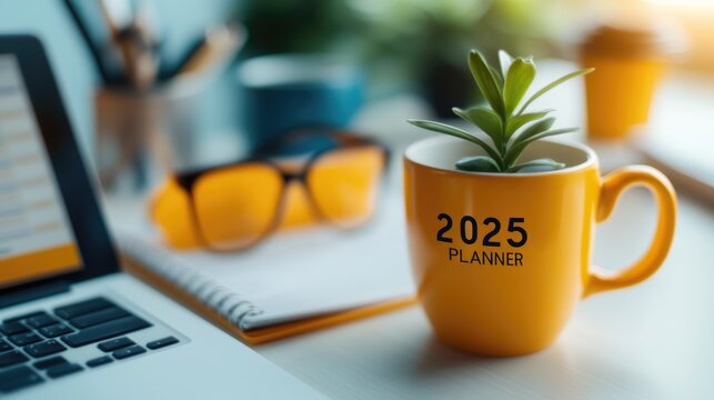 Creative workspace planning home office 2025 planner cozy environment close-up view productivity and organization tips
