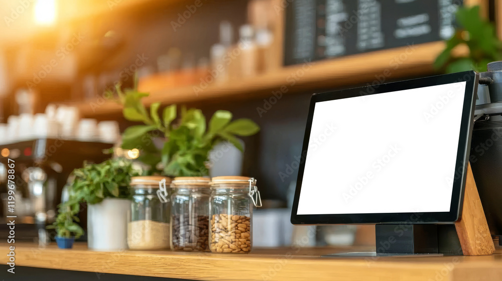 Aufkleber modern cafe counter display with digital screen and jar containers of ingredients in soft natural li