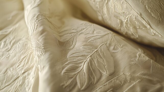 close-up of a jacquard weave fabric, showcasing the raised patterns and textured surface. Close-up, pattern, details, textiles 