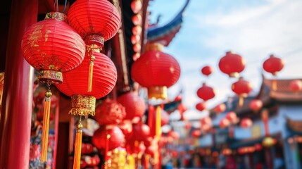 Naklejka premium A vibrant street scene with red lanterns and decorations for Chinese New Year