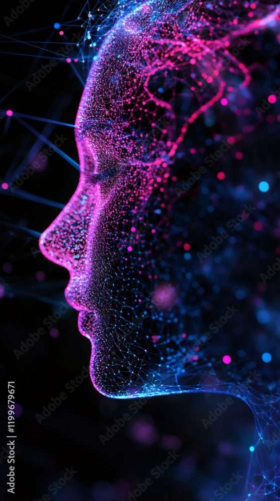 Poster Digital neural network forming humanoid face through interconnected data points, symbolizing advanced machine learning technology