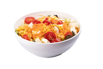 white bowl of fresh salad with tomato and corn isolated in close up angle
