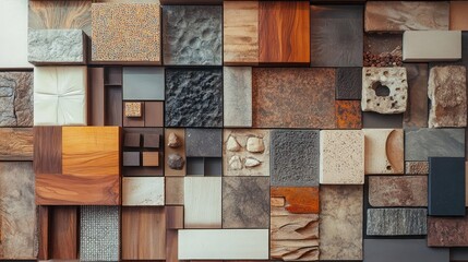 Display of tiles and wood pieces arranged in an artistic pattern