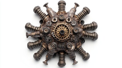 A steampunk-inspired virus design with metallic textures, intricate gears, and tubing, isolated on white background