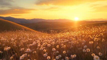 Golden Sunset over Rolling Hills and Daisies