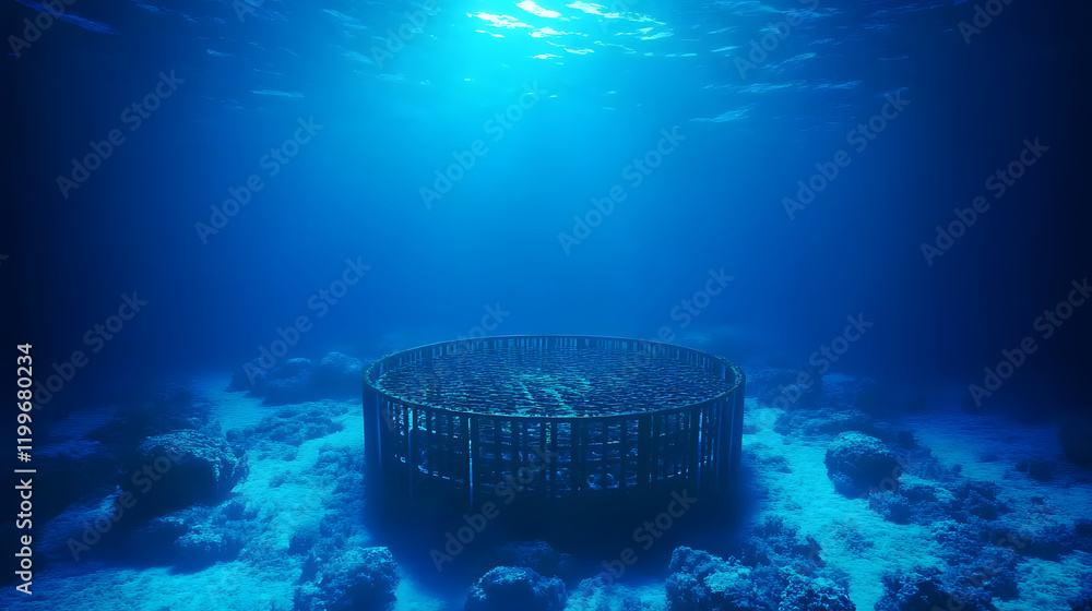 Poster Underwater scene featuring a circular structure surrounded by coral and illuminated by sunlight