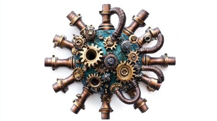 A steampunk-inspired virus design with metallic textures, intricate gears, and tubing, isolated on white background