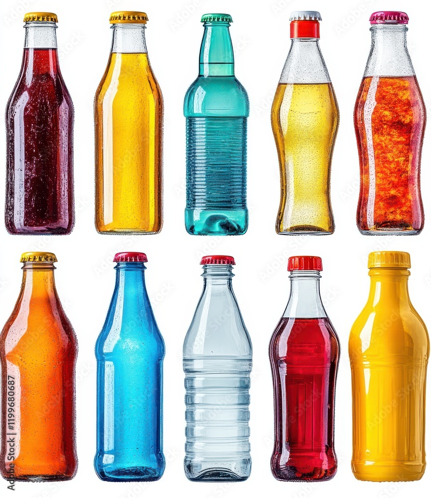 Poster colorful variety of soft drinks and bottled beverages displayed in a neat arrangement with different