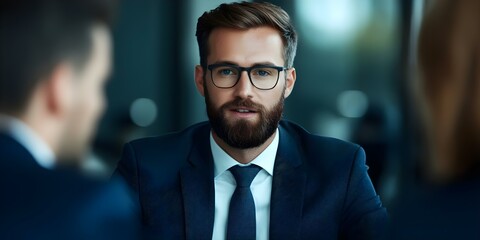 Fototapeta premium A well-dressed man with a beard and glasses appears engaged in a business discussion with others. Concept Business Meeting Dynamics, Professional Attire, Engaging Discussions, Leadership in Action