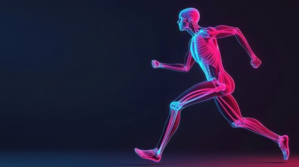Fototapeta premium Athlete running with holographic muscle anatomy displayed, showing biomechanics in motion, cyber-medical style, neon accents. , closes up